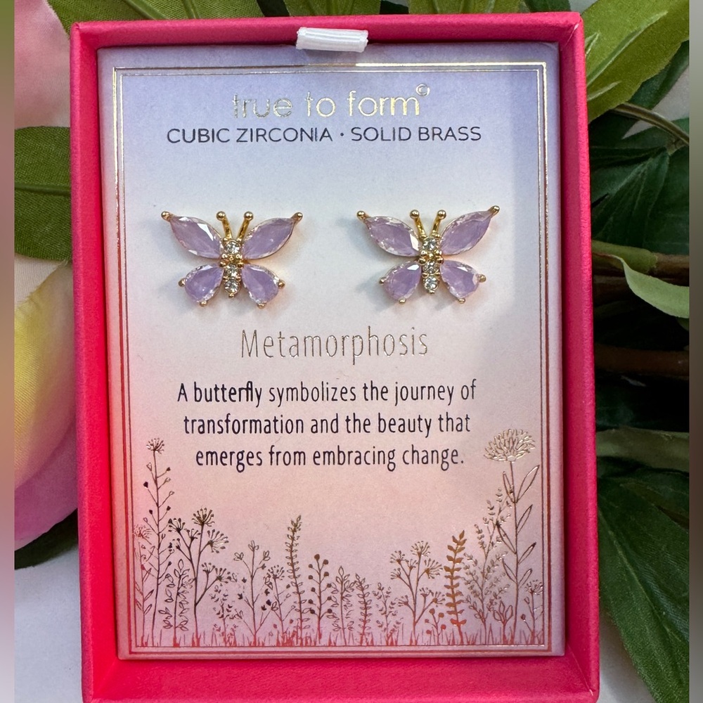 True to Form Delicate Lavender CZ and Brass Butterfly Earrings